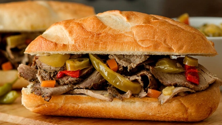 Hoagie with thin-sliced steak and peppers