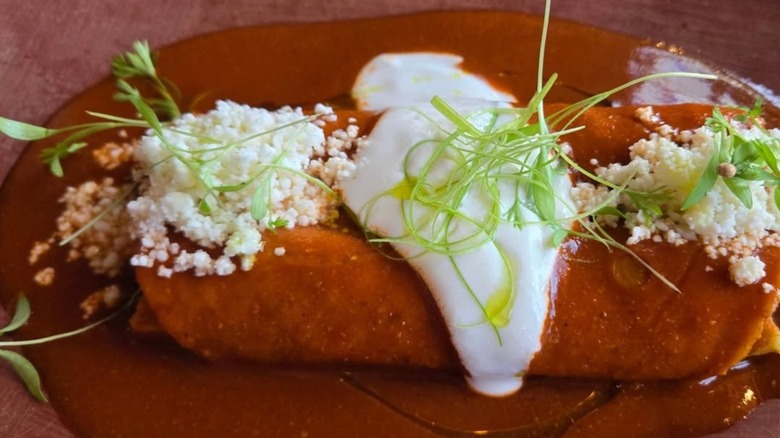 A close-up image of a red, saucy dish from Alma Fonda Fina with fresh garnish