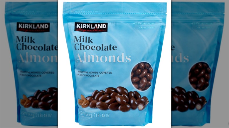 A bag of Kirkland Signature milk chocolate almonds from Costco.