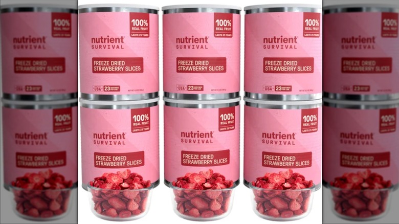 Six contianers of Nutrient Survival freeze dried strawberry slices.