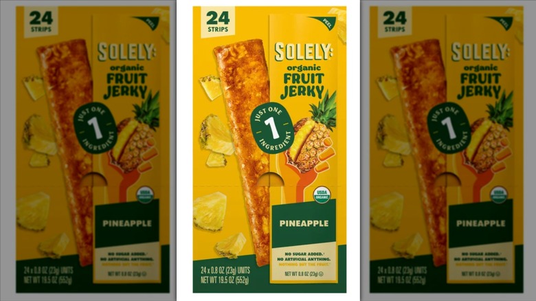 Box of Solely Organic Fruit Jerky in the pineapple flavor.