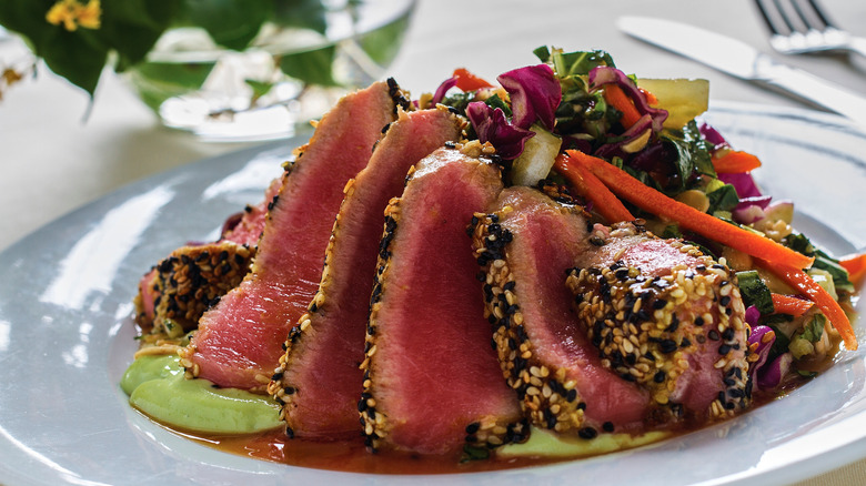 Seared ahi tuna on plate