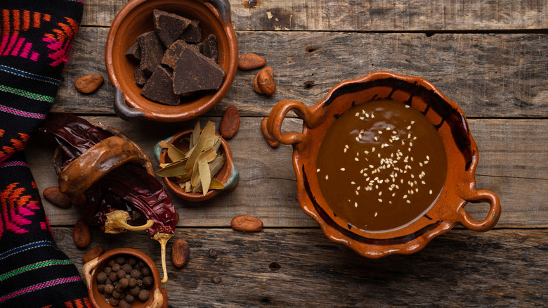 Traditional clay pot with mole sauce and ingredients
