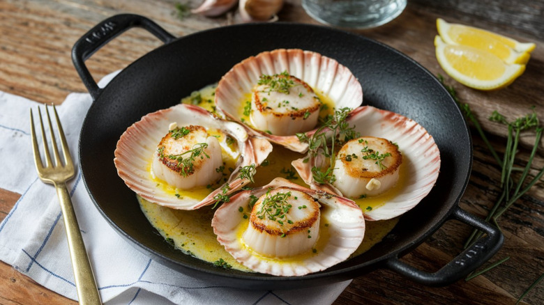 Grilled scallops on the half shell in a pan.