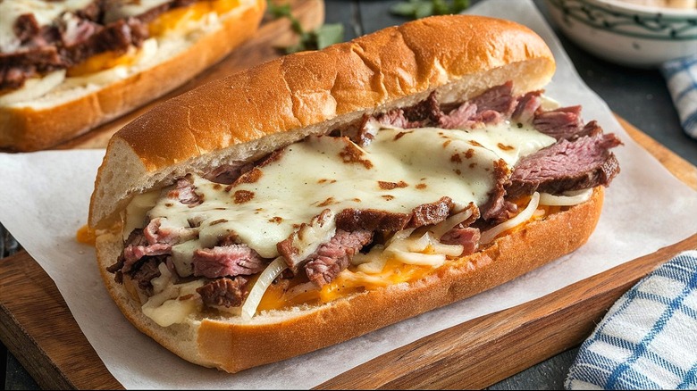 Philly cheesesteak sandwich with melted cheese, sliced peppers, and onions on a serving board covered with white butcher paper