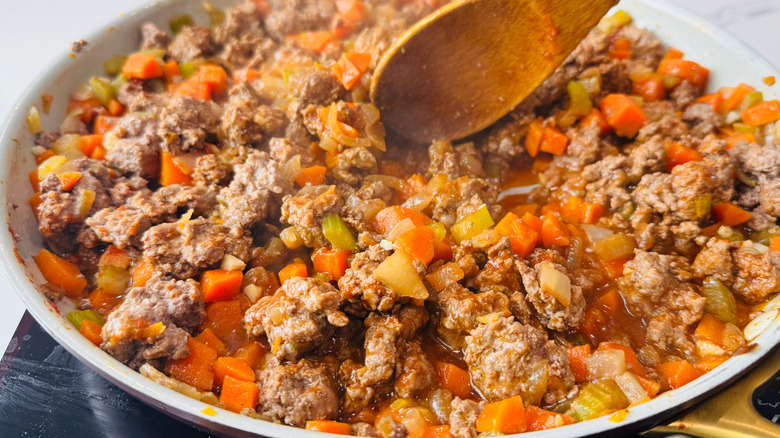 Shepherd's pie filling cooking in saucepan