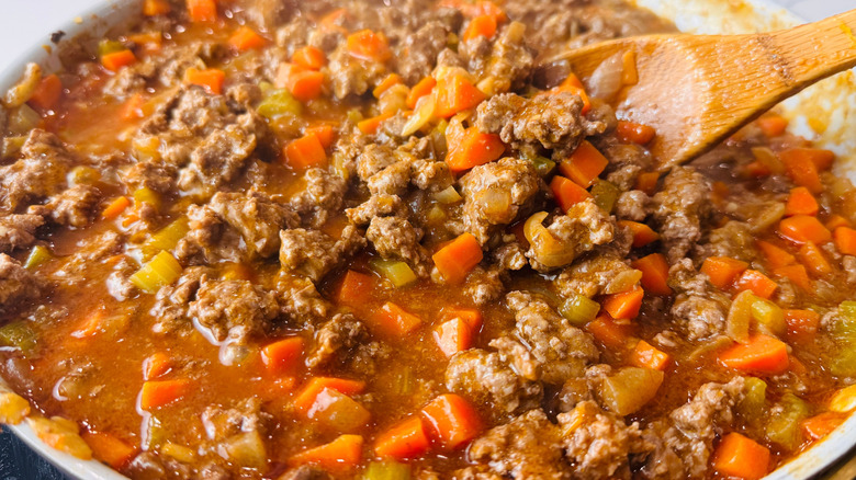 Shepherd's pie filling cooking in pan