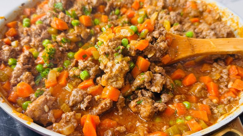 Shepherd's pie filling cooking in pan