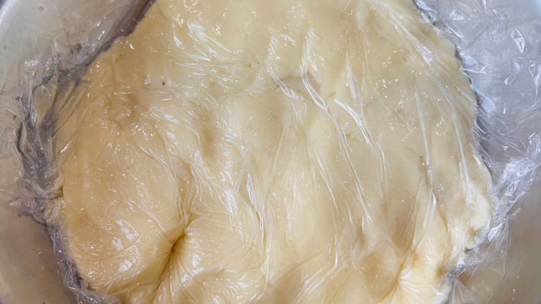 Mashed potatoes covered with plastic wrap