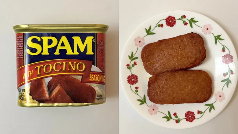 Product image of Spam with Tocino Seasoning on the left and two slices of Spam on the right.