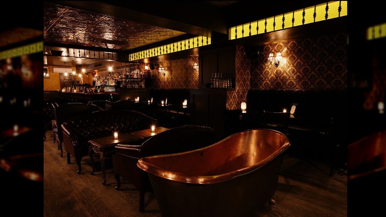 Interior of Bathtub Gin, including the iconic copper bathtub