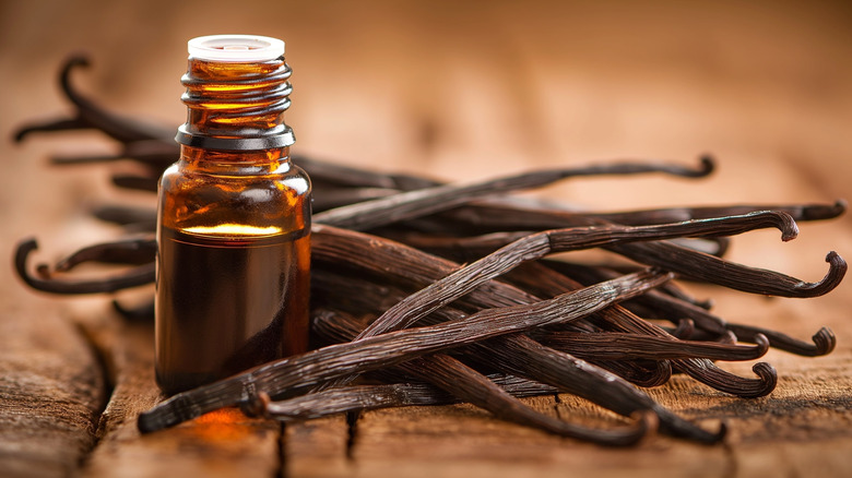 Vanilla pods and a small bottle of extract