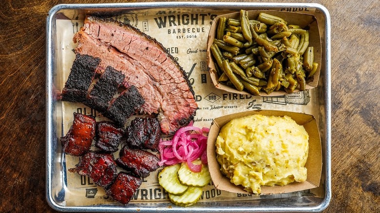 A tray of meats and sides from Wright's Barbecue