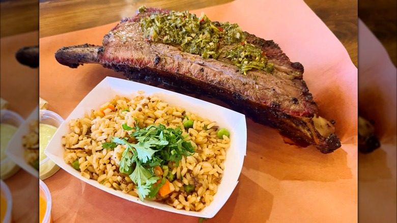 A beef rib and rice from Riot BBQ