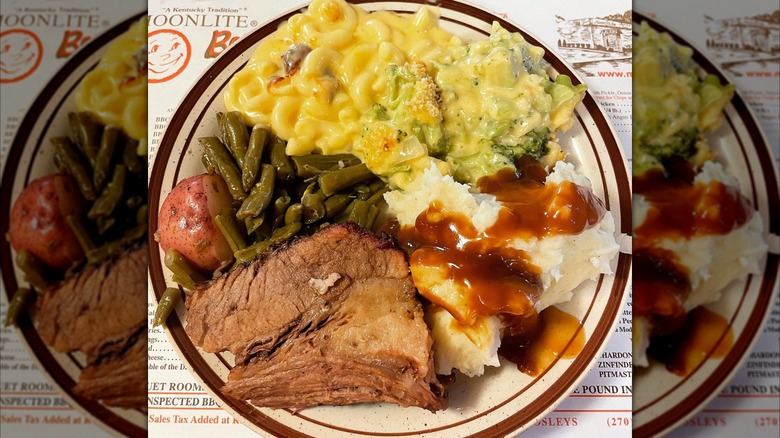 A plate of barbecued meat and sides from Moonline Bar-B-Q