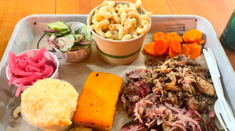 A tray of meat and sides from BT's Smokehouse