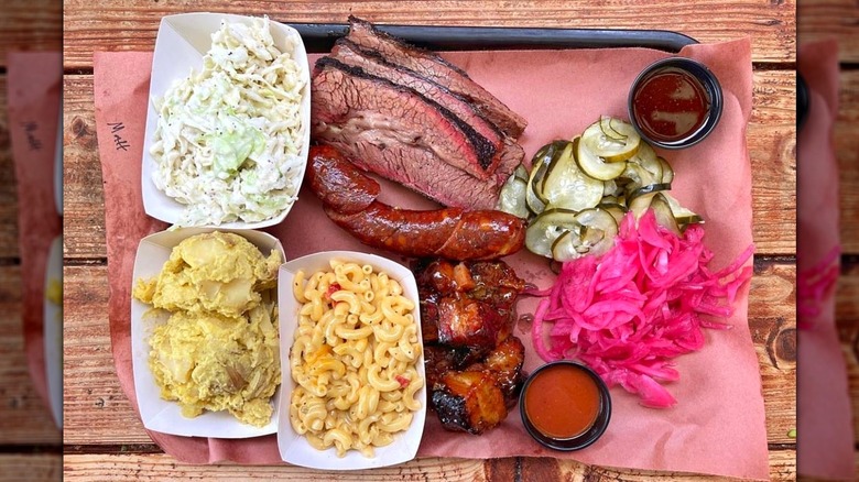 A platter of meats and sides from Matt's BBQ