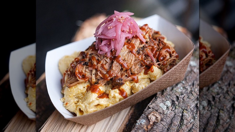 A bowl of barbecue brisket macaroni and cheese from Wood Shop BBQ