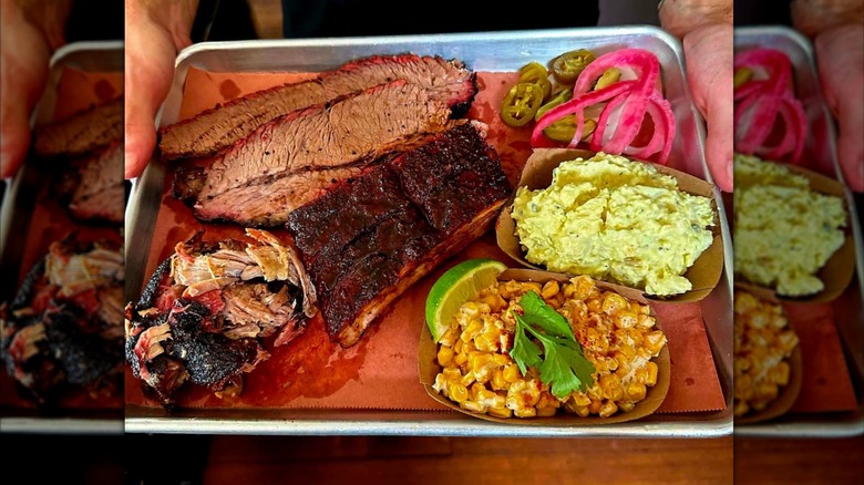 A platter of meats and sides from South Texas Barbecue Company