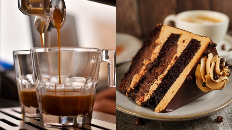 Shot of espresso pouring and a slice of chocolate cake with coffee frosting