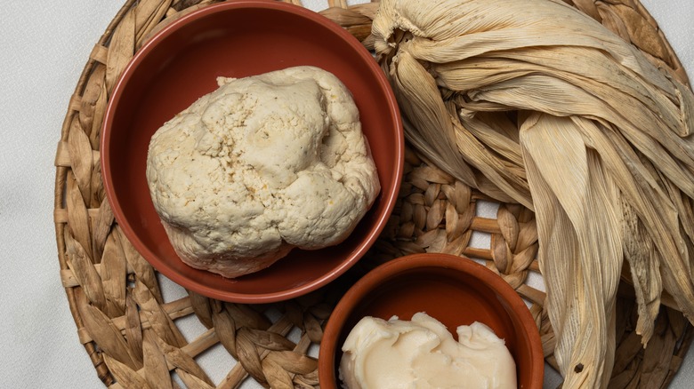 Masa, or corn dough, in two bowls
