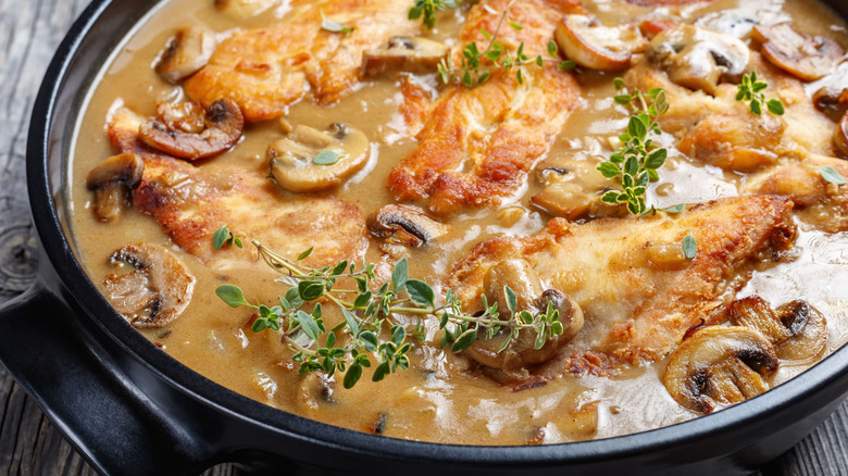 Close-up of a marsala dish in a pan