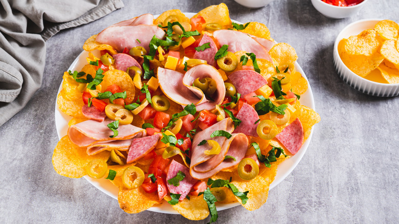 Plate of charcuterie nachos