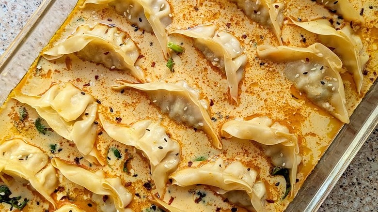 Viral Trader Joe's dumpling bake in a glass baking dish