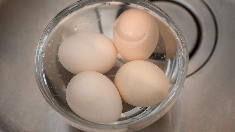 Four eggs in a bowl of water