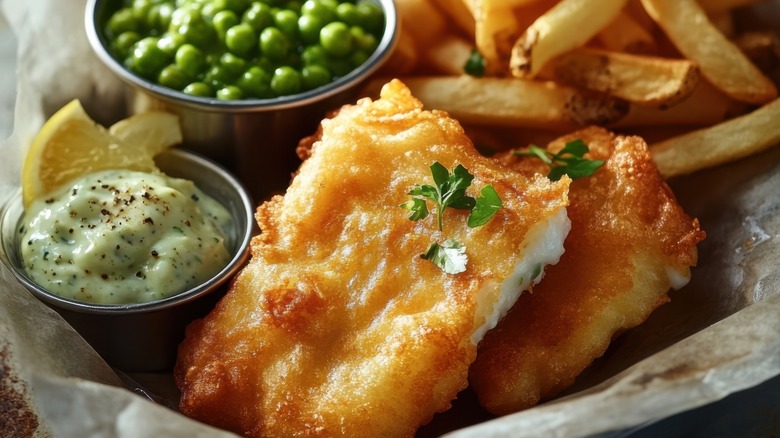 fish and chips with peas and tartar sauce