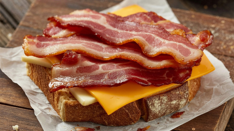 An open face sandwich topped with bacon