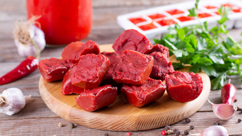 Frozen cubes of tomato paste