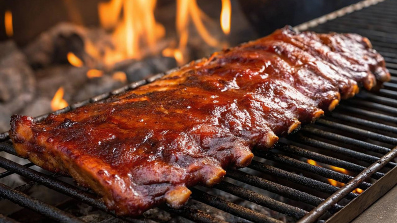 A rack of ribs is cooked on a grill.