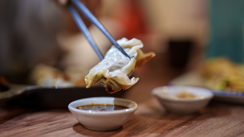 A close-up shot of a hand holding a dumpling in chopsticks
