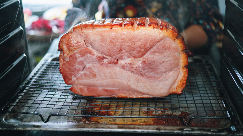 Block of ham in oven