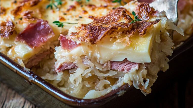 Reuben casserole on a fork
