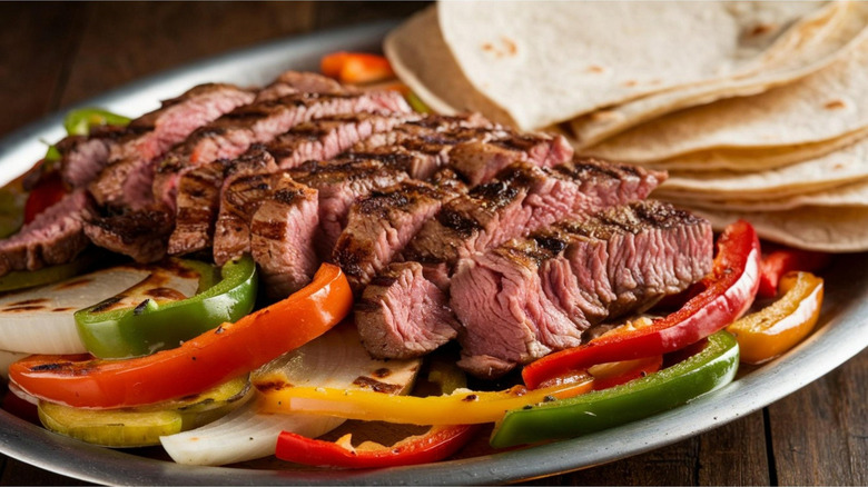 Steak slices with peppers, onions, and tortillas.