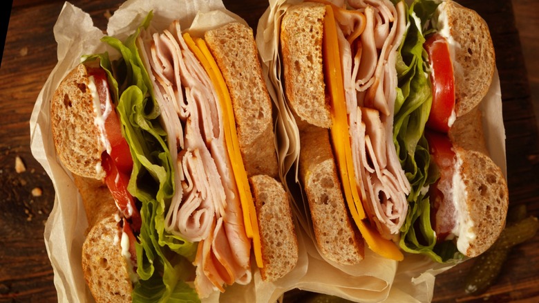 Bagel sandwich wrapped in paper
