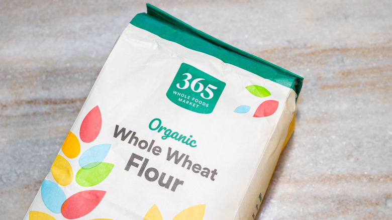 Close up of a package of 365 brand whole wheat flour packaging