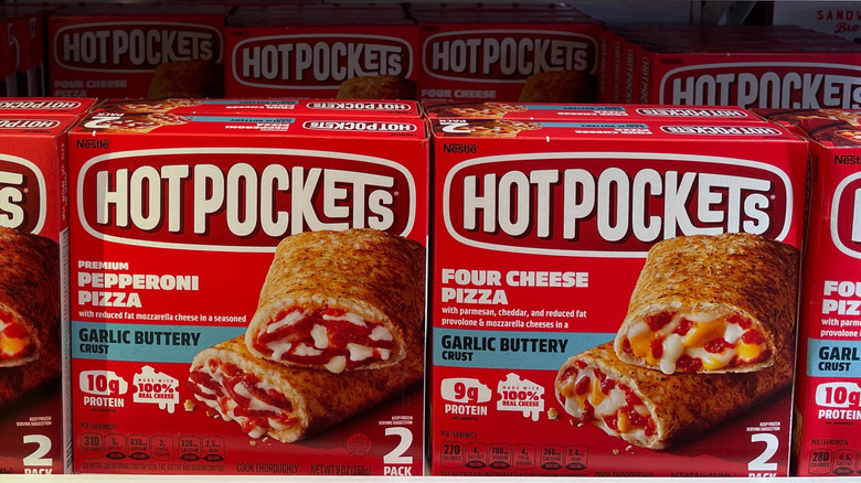 a row of Hot Pockets on store shelves