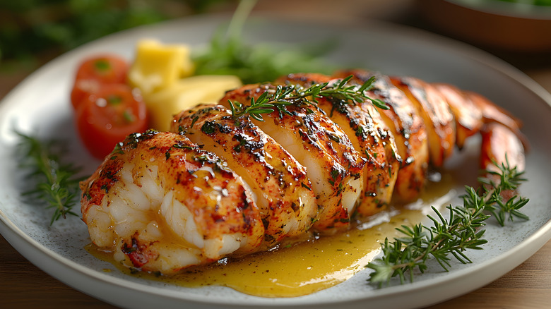 cooked lobster tail on a plate with garnishes