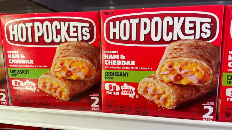 Packaged Hot Pockets on the grocery store shelf
