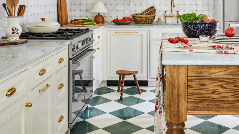 checkered floor tile in a rustic kitchen
