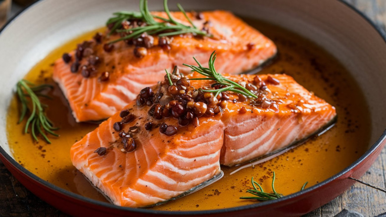 two garnished salmon fillets cooked in a pan with oil