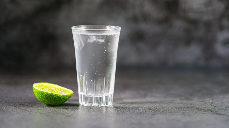 A shot of vodka with lime on the side.