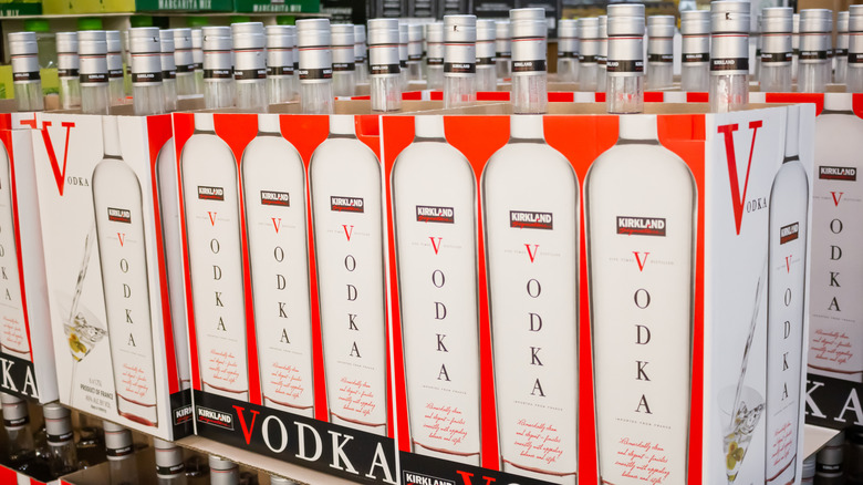 Boxes of Kirkland Vodka displayed on a shelf.