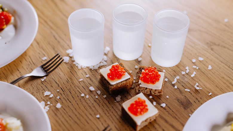 vodka shots with red caviar