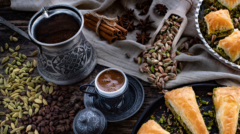 Greek coffee and baklava on a table 