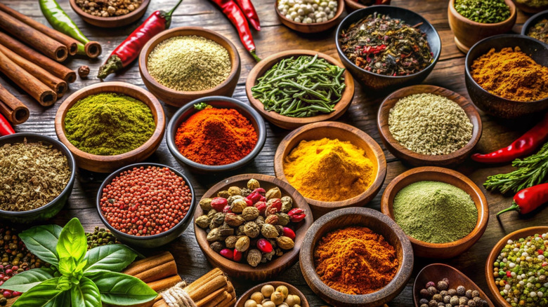 spices and seasonings in small wooden bowls