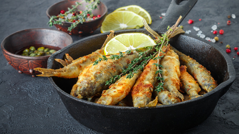 Fried smelts in a pan